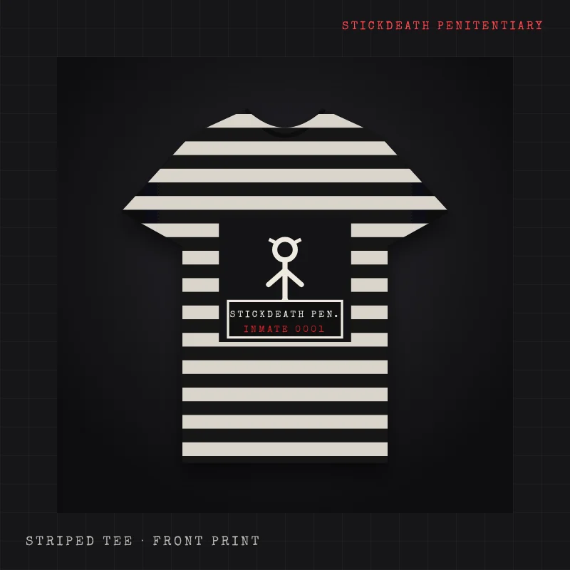 Black and white striped t-shirt with a mugshot board reading STICKDEATH PENITENTIARY, INMATE 0001, held by a scowling stick figure