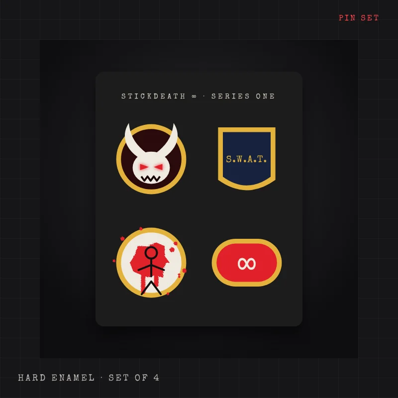 Set of four hard enamel pins on a backing card: Super Beast head, S.W.A.T. shield, a red splat with the stick mark, and the infinity symbol
