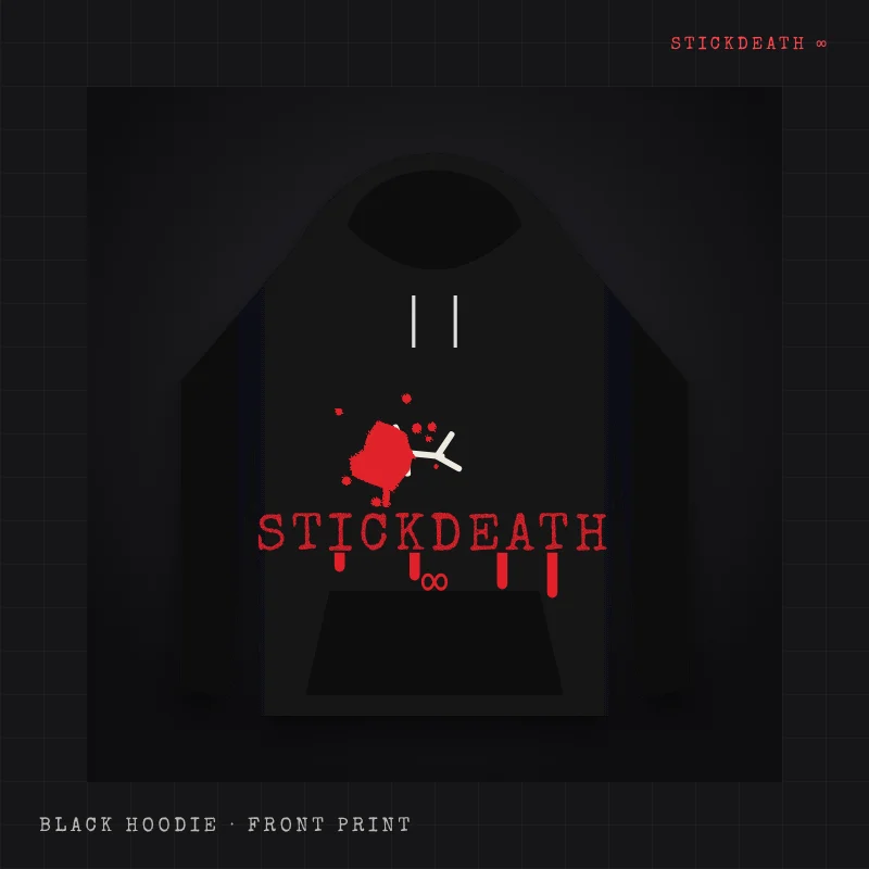 Black hoodie with a dripping red STICKDEATH logo over an infinity symbol and a stick figure mid-fall