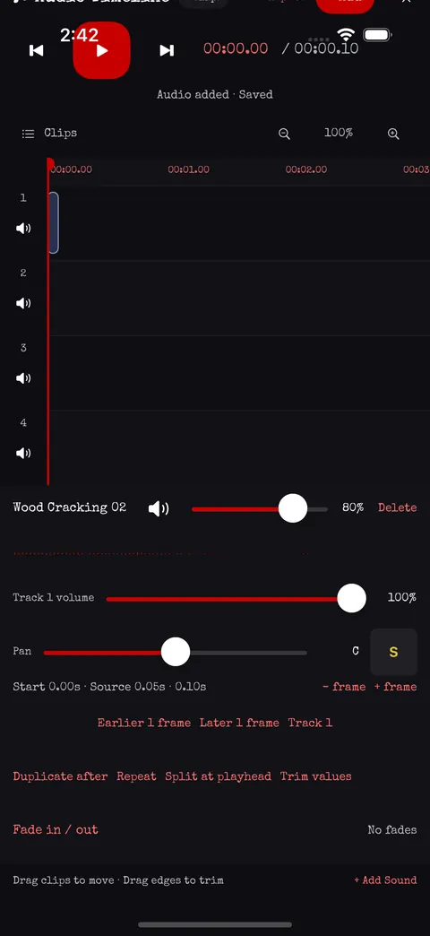 Audio timeline with a placed clip, measured waveform, clip volume, track volume and pan