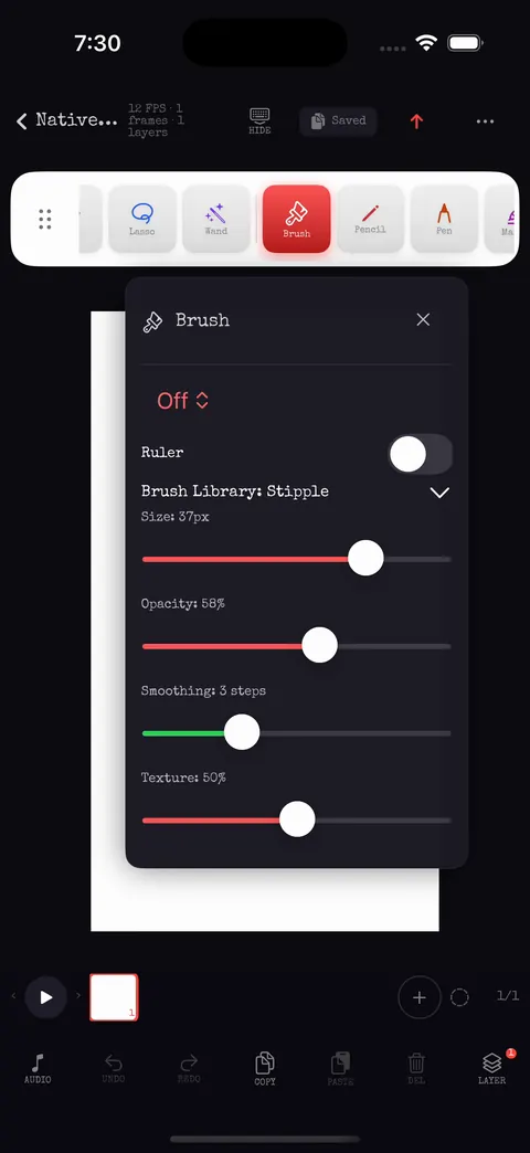 Brush options popup with family, size, opacity, smoothing and texture