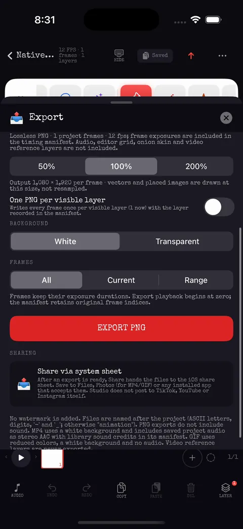 PNG export options with scale, per-layer, background and frame range