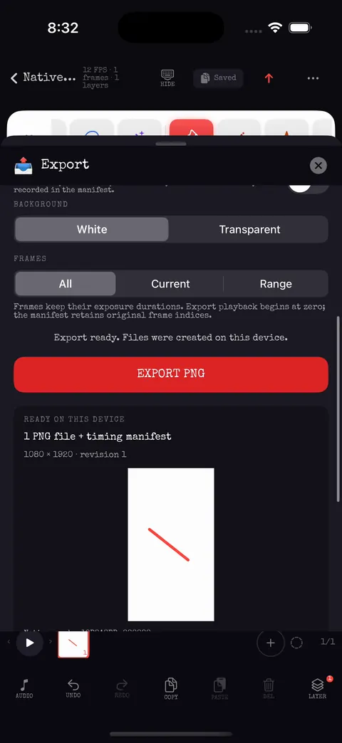 Export ready with preview, timing manifest and Share or Save to Files