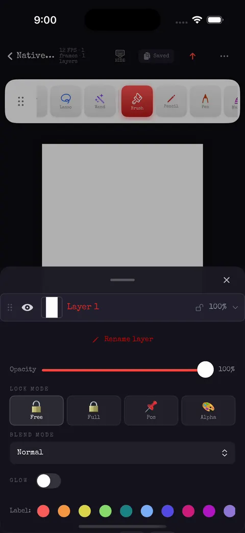 Layer options with opacity, lock modes, blend mode and colour labels