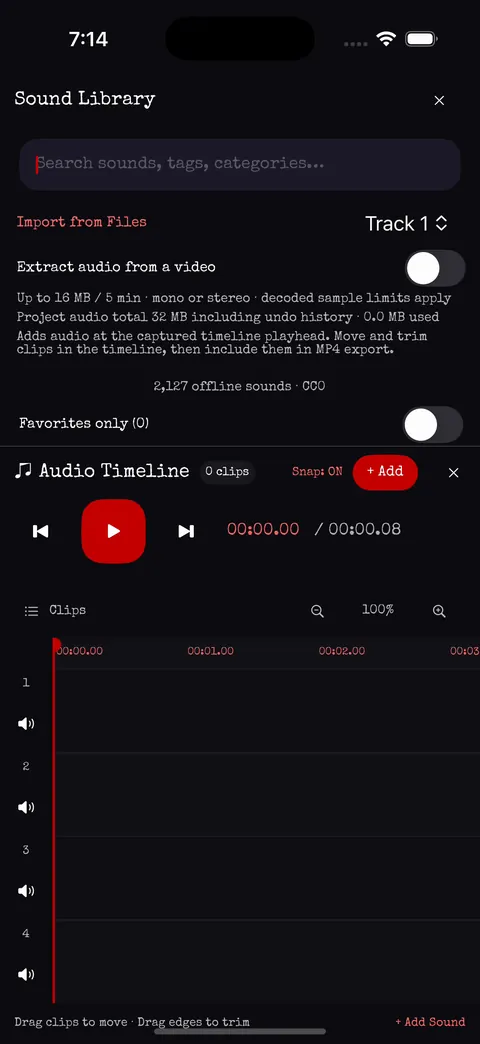 Sound Library panel with search, import from Files and 2,127 offline sounds above the audio timeline