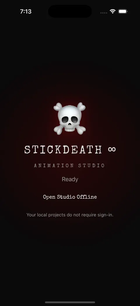 Splash screen with the skull mark, STICKDEATH infinity, Animation Studio, Ready and Open Studio Offline
