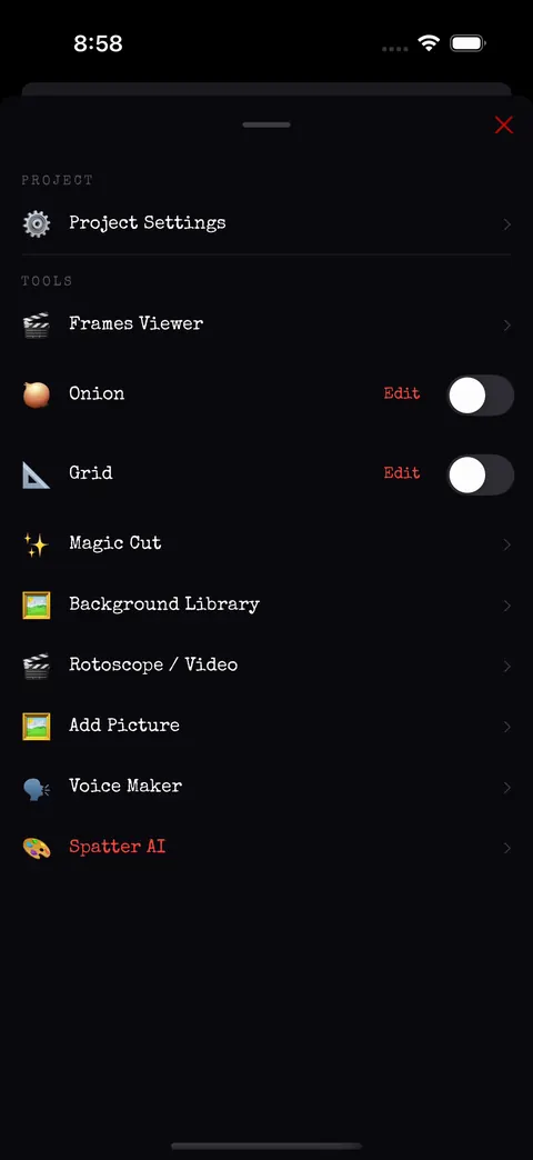 Studio menu with Project Settings, Frames Viewer, Onion, Grid, Magic Cut, Background Library, Rotoscope and Video, Add Picture, Voice Maker and Spatter AI